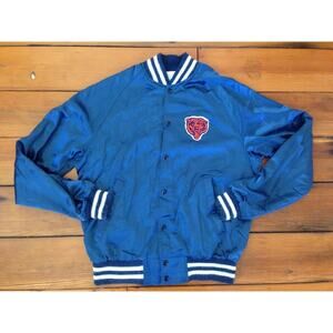 Vintage 80s Chicago Bears NFL Shiny Nylon Baseball Patch Mascot Jacket 45" M USA